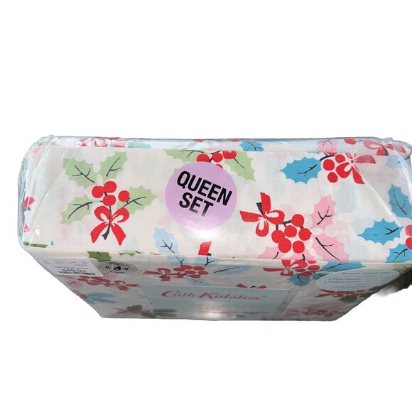 Cath Kidston London 4 Piece Queen Christmas Holly Multi Sheet Set Cotton- NEW